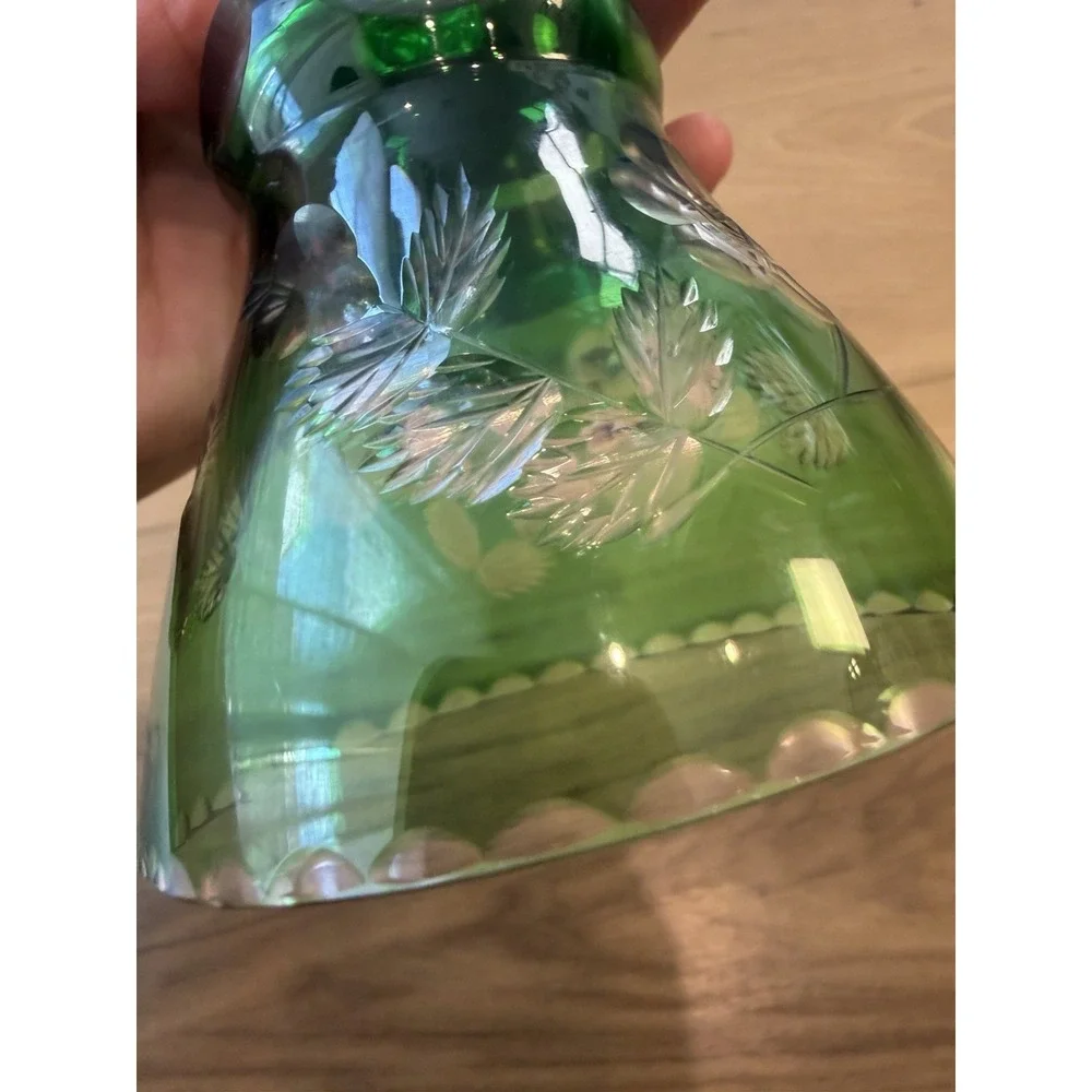 Vintage Emerald Green Cut Crystal Glass Hand Bell Floral Etched Clear Handle